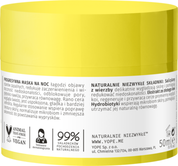 Żółty słoik progresywnej maski na noc Yope, tył opakowania z widocznym składem i logo vegan.