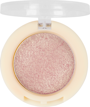 Różowo-złoty metaliczny cień do powiek w okrągłym, beżowym kompakcie, widok z góry z otwartym wieczkiem.