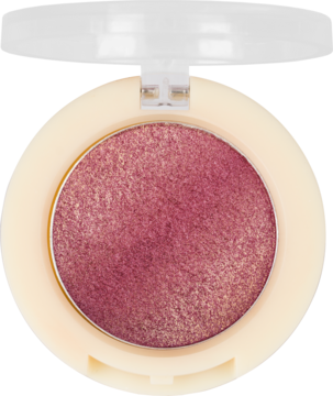 Metaliczny cień do powiek w odcieniu różowego złota, w okrągłym, otwartym kompakcie, widok z góry.