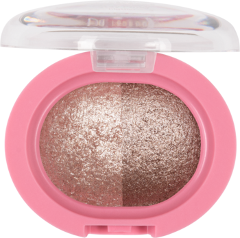 Duet wypiekanych cieni do powiek, w różowym owalnym kompakcie z otwartym wieczkiem, dwa błyszczące odcienie.