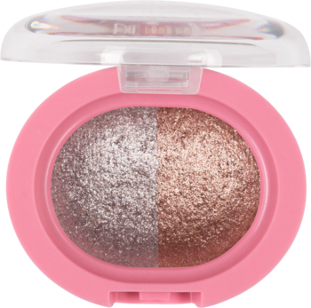 Duet wypiekanych cieni do powiek w różowym, otwartym kompakcie. Srebrna i złota barwa, metaliczny połysk. Widok z góry.