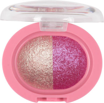 Duet wypiekanych cieni do powiek w otwartym, różowym kompakcie. Połowa złota, połowa fuksjowa, obie metaliczne.