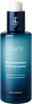 Clayly Aqua Essence ultranawilżający krem do twarzy, butelka z niebieskim gradientem i białą pompką, przód.