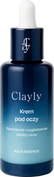 Clayly Aqua Essence Krem pod oczy, gradientowa niebieska butelka z kroplomierzem, widok z przodu.