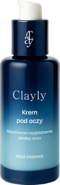 Clayly Krem pod oczy w granatowo-turkusowej butelce z pompką, nawilżający krem pod oczy, widok z przodu.