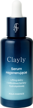 Clayly Serum regenerujące Aqua Essence, ciemnoniebieska butelka z białym zakraplaczem, widok z przodu.