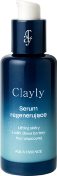 Clayly Aqua Essence serum regenerujące do liftingu skóry, granatowa butelka z białym dozownikiem, widok z przodu.
