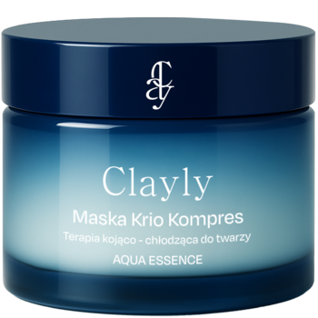 Clayly Maska Krio Kompres kojąco-chłodząca w niebieskim słoiczku z gradientem i logo, widok z przodu.