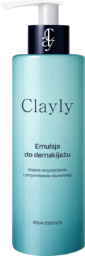 Turkusowa butelka Clayly Emulsja do demakijażu z białą pompką, widok z przodu, widoczne logo i etykieta Aqua Essence.