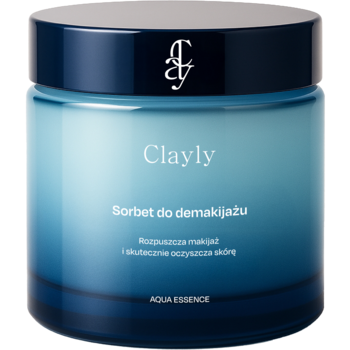 Clayly Sorbet do demakijażu Aqua Essence, okrągły słoiczek z niebieskim gradientem, widok z przodu.