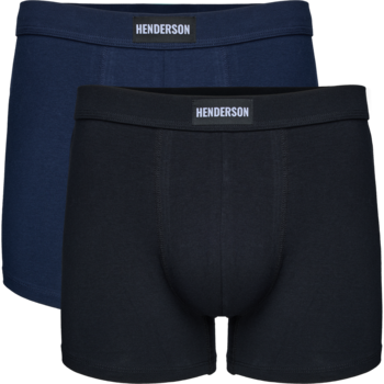 Dwie pary męskich bokserek Henderson, czarne i granatowe, z napisem na elastycznej gumie, ułożone w stos.