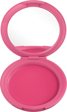 Róż Max Factor 2000 Calorie Pop Art w otwartym, okrągłym, różowym kompakcie z lustrem i intensywnym kolorem.