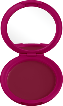 Otwarty róż do policzków Max Factor 2000 Calorie Pop Art, fuksjowe okrągłe opakowanie z lusterkiem, kremowy burgundowy kolor.
