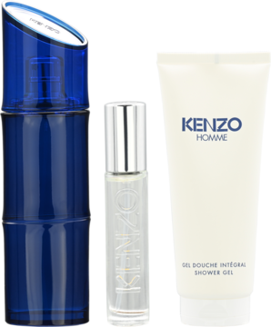 Zestaw Kenzo Homme: niebieski bambusowy flakon perfum, mała butelka roll-on i biały żel pod prysznic.