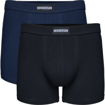 Dwie pary męskich bokserek Henderson w kolorach granatowym i czarnym, z białym logo na szerokiej gumie.