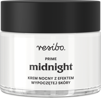 Resibo Prime Midnight, krem nocny w białym słoiku z czarną nakrętką. Widok z przodu na napisy PRIME midnight.