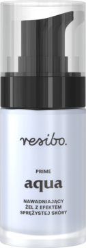 Resibo Prime Aqua nawadniający żel z efektem sprężystej skóry, jasnoniebieska butelka z pompką, z przodu.