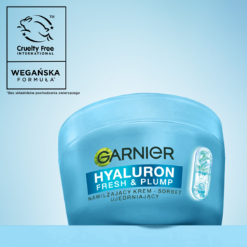 Garnier Hyaluron Fresh & Plump nawilżający krem-sorbet w jasnoniebieskim słoiku, Cruelty Free, wegański. Widok z przodu.