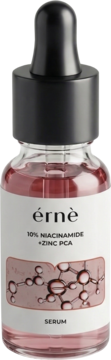 Butelka serum Erne z pipetą, 10% Niacinamide + Zinc PCA, różowy płyn, biała etykieta z grafiką, widok z przodu.