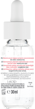 Tył butelki serum LASCAD 30ml kojącego przeciw zaczerwienieniom dla skóry reaktywnej, Made in Germany.