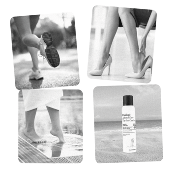 Kolaż B&W: aktywne stopy, szpilki, bose stopy i dezodorant Podologic Advanced Care The Feet Coach. Odświeża, neutralizuje zapachy.