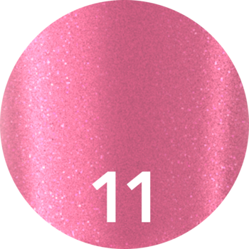 Zbliżenie na okrągły swatch lakieru LUMI BLOOM nr 11, jasny, brokatowy róż, z błyszczącym wykończeniem.