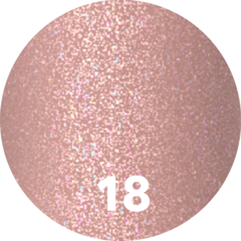 Okrągły swatch błyszczyka Diamond Glow nr 18. Jasnoróżowe złoto z intensywnym brokatem, widok z góry.