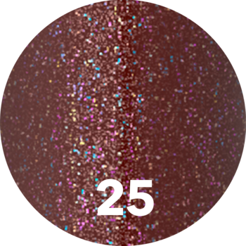 Błyszczyk Diamond Glow nr 25. Okrągła próbka, brązowo-bordowy kolor z opalizującym brokatem i cyfrą 25.