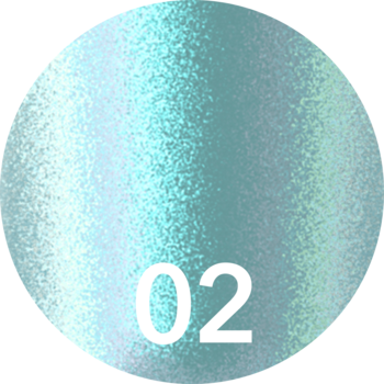 Okrągły element z kolekcji lakierów LUMI BLOOM, numer 02, turkusowy, błyszczący, z efektem brokatu.