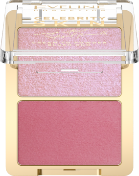 Eveline Celebrity Skin Cream to Powder Blush Pro, różowy rozświetlacz i matowy róż w złotym kompakcie.