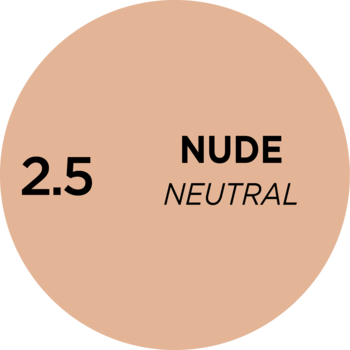 Okrągły swatch podkładu Eveline Better Than Perfect, odcień 2.5 Nude Neutral, na czarnym tle.