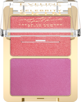 Eveline Celebrity Skin kremowo-pudrowy róż do policzków w złotym etui. Widoczne dwa odcienie: koralowy i fuksjowy.