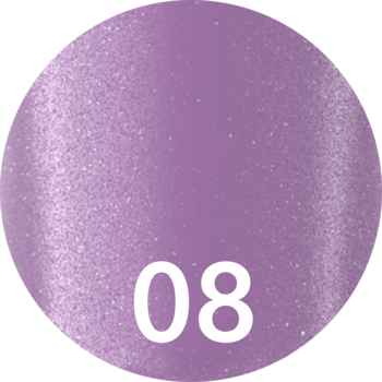 Okrągły próbnik LUMI BLOOM 08, liliowy lakier do paznokci z brokatowym połyskiem, widok z góry.