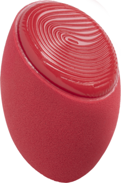 Widok z przodu: czerwona gąbka do makijażu z błyszczącą spiralną górą. Ergonomiczna, dla naturalnego efektu.