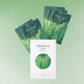 SKIN1004 Madagascar Centella Tea-Trica Relaxing Mask, 5 łagodzących masek w płachcie z zielonym wzorem roślinnym.