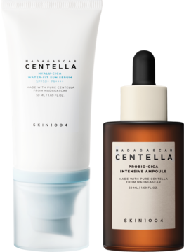 Zestaw Skin1004 Centella: biały krem Hyalu-Cica SPF50+ i brązowa ampułka Probio-Cica, widok przodem.