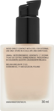 Tył butelki nawilżającego podkładu Ministerstwo Dobrego Mydła 30ml, czarna pompka, tekst z ostrzeżeniami.