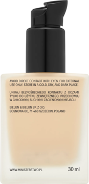 Tył nawilżającego podkładu Ministerstwo Dobrego Mydła 30 ml, etykieta z instrukcjami i adresem.