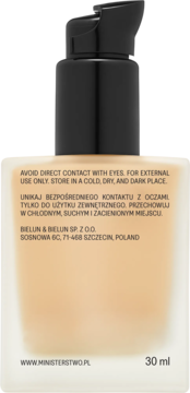 Tył butelki nawilżającego podkładu Ministerstwo Dobrego Mydła, odcień Peach Soufflé, 30ml, z tekstem.