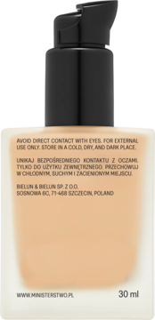 Tył butelki nawilżającego podkładu Ministerstwo Dobrego Mydła z czarną pompką, widoczne instrukcje i adres firmy.