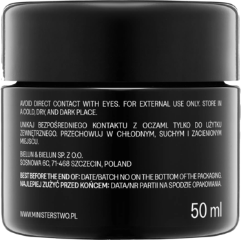 Tył czarnego słoiczka kremu do twarzy Ministerstwo Róża-Malina 50ml z białym tekstem i informacjami.