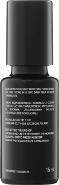 Tył czarnego serum Ministerstwo Róża-Malina 15ml pod oczy/usta, z białym tekstem i danymi producenta.