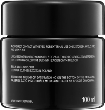 Tył czarnego słoiczka maski do twarzy Ministerstwo Cukier 100 ml z białym tekstem i informacjami o produkcie.