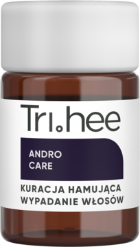 Tri.hee AndroCare kuracja na androgenowe wypadanie włosów, brązowa butelka, biała etykieta, przód.
