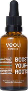 Veoli Botanica Boost Your Roots rozgrzewająca wcierka wodna do skóry głowy, brązowa butelka z zakraplaczem.