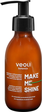 Veoli Botanica Make Me Shine laminująca maska do włosów w brązowej butelce z czarną pompką, widok z przodu.