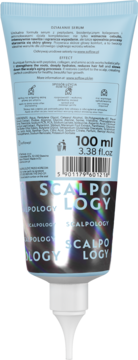 Tył jasnoniebieskiej tubki Scalpology Serum do skóry głowy, widoczne składniki, opis i pojemność 100 ml.