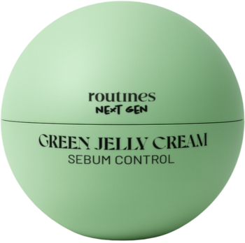 Zielony, matowy, kulisty słoik kremu Routines Next Gen Green Jelly Cream Sebum Control, widok z przodu.
