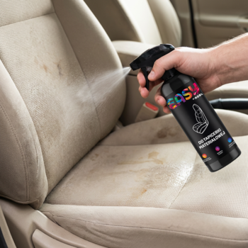 Czarna butelka Easy Clean usuwająca plamy, rozpylana na mocno zabrudzony beżowy fotel samochodowy.