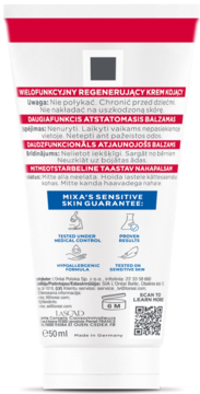 Tył białej tubki Mixa Balm Cica+ Krem Kojąco-Regenerujący 50ml z informacjami o testach i gwarancji.